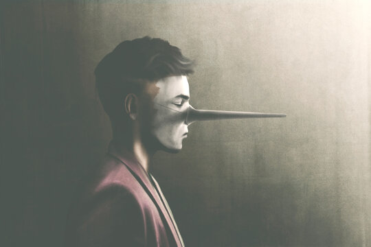 illustration of portrait of cynical liar man with long nose, surreal concept