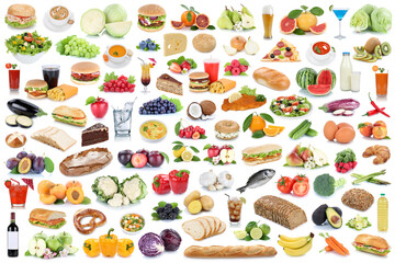Food and drink collection background collage healthy eating fruits vegetables fruit drinks isolated