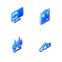 Set Isometric line Clinical record pet, on monitor, Paw print and Cat and pills icon. Vector.