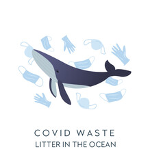 A whale swims in sea with garbage. Covid waste litter in the ocean. Face masks, latex gloves, medical garbage after COVID-19. Web template of coronavirus plastic pollution. Vector flat illustration.