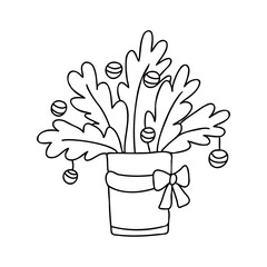 Fir branches decorated with Christmas balls in a cute pot with a ribbon bow. Doodle cartoon vector illustration for Christmas design. Hand drawn sketch, black outline