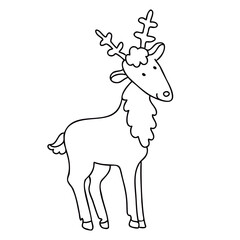 Cute cartoon reindeer in doodle sketch style. Vector hand drawn  illustration on white background. Isolated black outline. Great for greeting Xmas cards design.