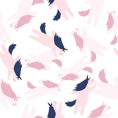 Isolated seamless abstract fantasy pattern with unicorn shapes. White background. Fairytale animal print.