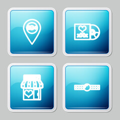 Set line Location with 18 plus, Disc inscription Sex, shop building and Silicone ball gag icon. Vector.