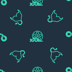 Set line Film reel with Sex, Devil heart horns and Sexy fluffy handcuffs on seamless pattern. Vector.