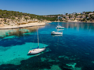 Fototapeta na wymiar sailboat at anchor, Cala Portals Vells, Calvia, Mallorca, Balearic Islands, Spain