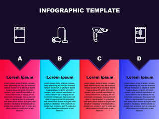 Set line Refrigerator, Vacuum cleaner, Electric drill machine and . Business infographic template. Vector.