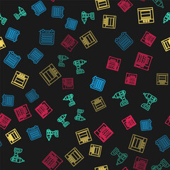 Fototapeta premium Set line Electric heater, cordless screwdriver, Oven and Vending machine on seamless pattern. Vector.