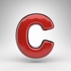 Letter C uppercase on white background. Red car paint 3D letter with glossy metallic surface.