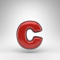 Letter C lowercase on white background. Red car paint 3D letter with glossy metallic surface.