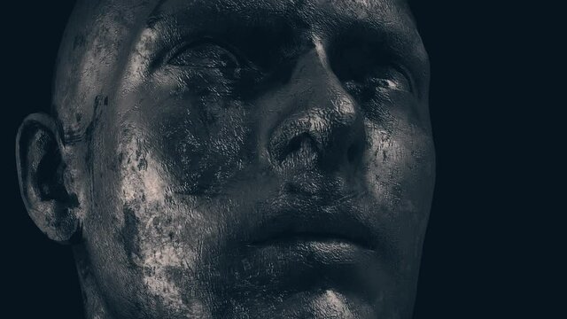 Metallic Grungy Sculpted Man Face In Dark Background 4k. High quality 4k footage
