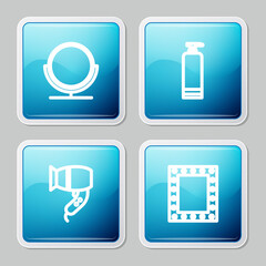 Set line Round makeup mirror, Cream cosmetic tube, Hair dryer and Makeup with lights icon. Vector.