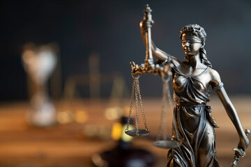 Law and justice concept. Law symbols composition: judge’s gavel, Themis  statue and scale. - obrazy, fototapety, plakaty