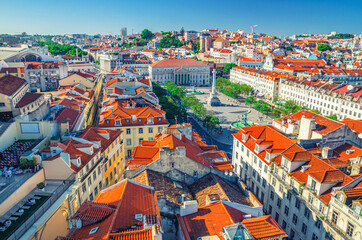 Aerial panoramic view of Lisboa historical city centre Baixa Pombalina Downtown with Rossio King Pedro IV Square Praca Dom Pedro IV, Queen Maria II National Theatre and Column of Pedro IV, Portugal.