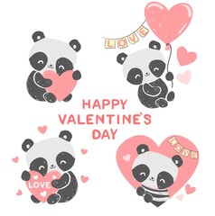 Hand drawn cute panda with a heart. Vector illustration valentines day card children print on t-shirt.