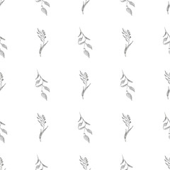 Doodle simple vector seamless pattern of hand-drawn leaves. Seamless pattern of hand-drawn branches. Big floral botanical set. Isolated on white background.