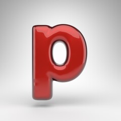 Letter P lowercase on white background. Red car paint 3D letter with glossy metallic surface.