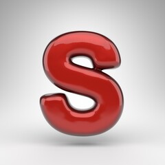 Letter S uppercase on white background. Red car paint 3D letter with glossy metallic surface.