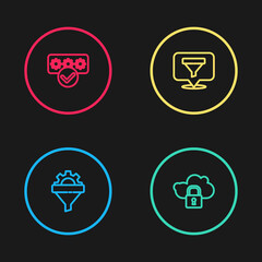 Set line Sales funnel with gear, Cloud computing lock, Location sales and Password protection icon. Vector.