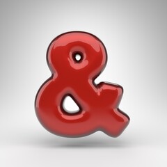 Ampersand symbol on white background. Red car paint 3D sign with glossy metallic surface.