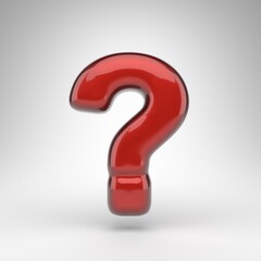 Question symbol on white background. Red car paint 3D sign with glossy metallic surface.