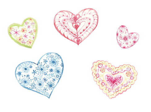 watercolor hearts on white background. set