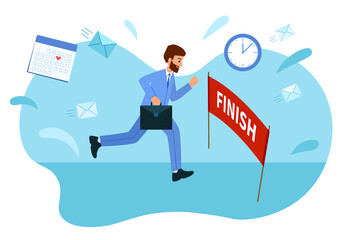 Businessman reached the goal, Reached the finish line. Concept of overcoming difficulties and achieving goals. Businessman runs in a suit on a blue background. vector illustration