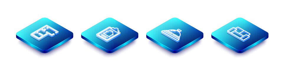 Set Isometric line House plan, contract, Hotel service bell and Sofa icon. Vector.