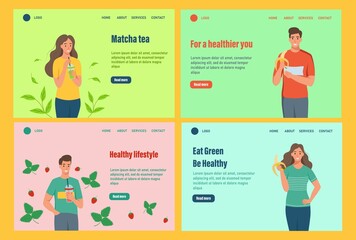 Landing page vector template. A set of characters of a healthy lifestyle. Young men and women eat fruit and drink smoothies. Flat cartoon vector illustration.