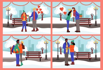 Set. Couple exchange gifts and kiss in a winter Park. A young man and woman celebrate Valentine's day. Flat vector illustration.