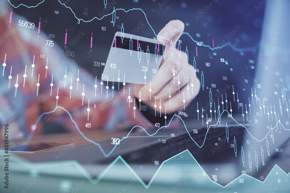 Poster double exposure of man hands holding a credit card and forex graph drawing. stock trading and digita