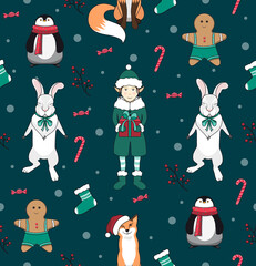 Fototapeta na wymiar Seamless pattern with elf, fox, hare and penguin. Christmas cookies. New Year's and Christmas.
