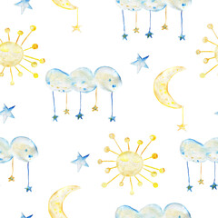 Watercolor illustrations with the moon, sun, clouds and stars. Border for the children's room. Perfect for fabric and Wallpaper.