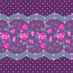 Romantic horizontal seamless pattern with fancy bouquets of bright  pink garden flowers on lilac polka dot background. Fabric print, packaging design.