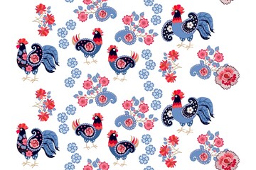 Charming seamless ornament with patterned cockerels and hens, flower garlands, bouquets and paisley on a white background. Magic print for fabric, wallpaper in Russian folk style.