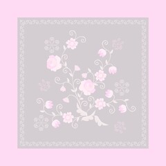 Drawn delicate bouquet of roses and other pink flowers on a light gray background in an openwork frame with a lavender color border. Print for pocket, pillowcase, handkerchief, napkin, potholder.