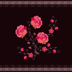 Graceful bouquet of red poppy flowers isolated on black background and beautiful border of curls. Vector illustration. Design elments.