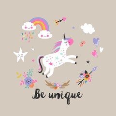 Cute unicorn greeting card. Magical unicorn vector poster.