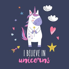 Obraz na płótnie Canvas Cute unicorn greeting card. Magical unicorn vector poster.