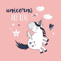 Cute unicorn greeting card. Magical unicorn vector poster.