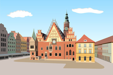 Gothic Town Hall of Wroclaw, Poland - detailed vector illustration