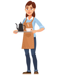 Barista holding tray of tea. Female person in cartoon style.