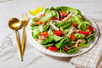Chicken and vegetable salad with baby spinach