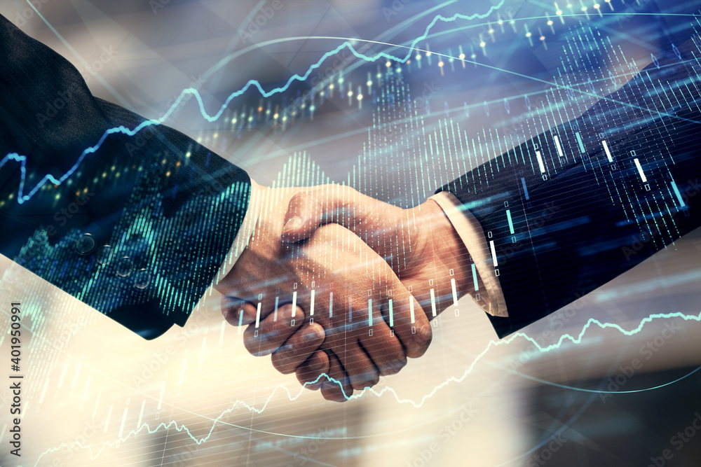 Poster double exposure of forex graph hologram and handshake of two men. stock market concept.