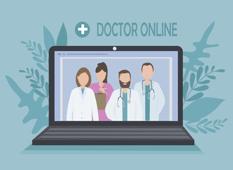 A team of experienced doctors on your laptop screen. Providing consultations, exams and treatment online. Telemedicine, remote communication between patient and doctor. For clinic website, app. Vector