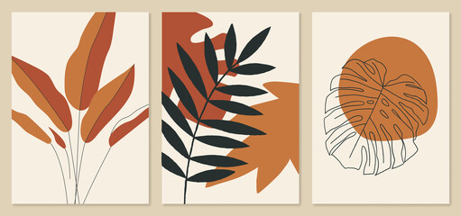 Abstract tropical leaves illustrations, monstera leaf art. Trendy mid century art, boho home decor, abstract floral wall art.