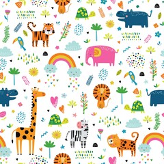 Seamless pattern with tropical animals. Creative nursery background. Perfect for kids design, fabric, wrapping, wallpaper, textile, apparel © Angelina De Sol