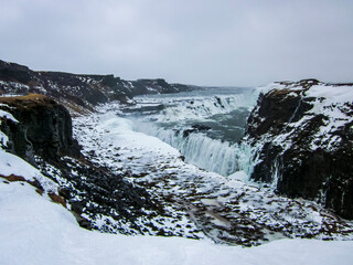 Winter landscape in Gullfoss waterfall, Iceland, Northern Europe