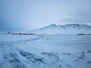 Winter road in southern Iceland, Northern Europe