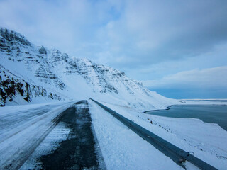 Winter road in southern Iceland, Northern Europe